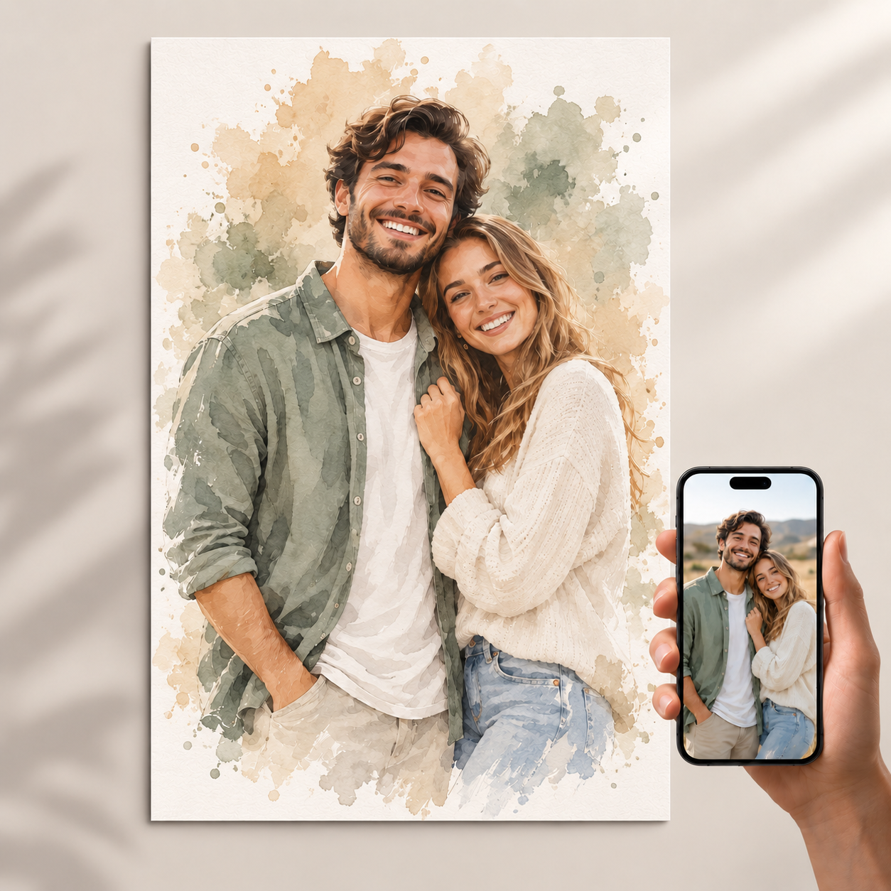 Familien-Poster im Aquarell-Stil | personalisierbar – Originalfoto und KI-Kunstwerk im Vergleich