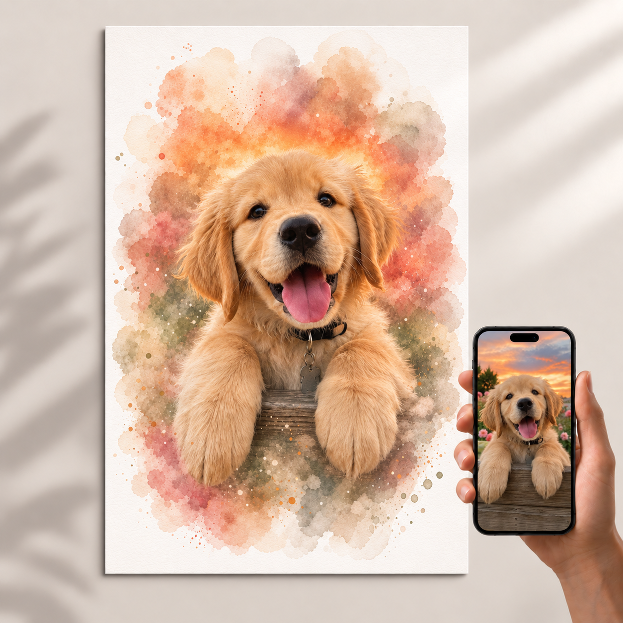 Hundeportrait Aquarell – personalisiert mit Foto – Originalfoto und KI-Kunstwerk im Vergleich